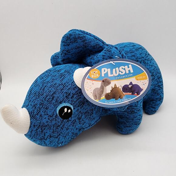 Toy Box Blue Triceratops Knit Dinosaur Plush 15" Embroidered Eyes Stuffed Animal - Picture 1 of 8